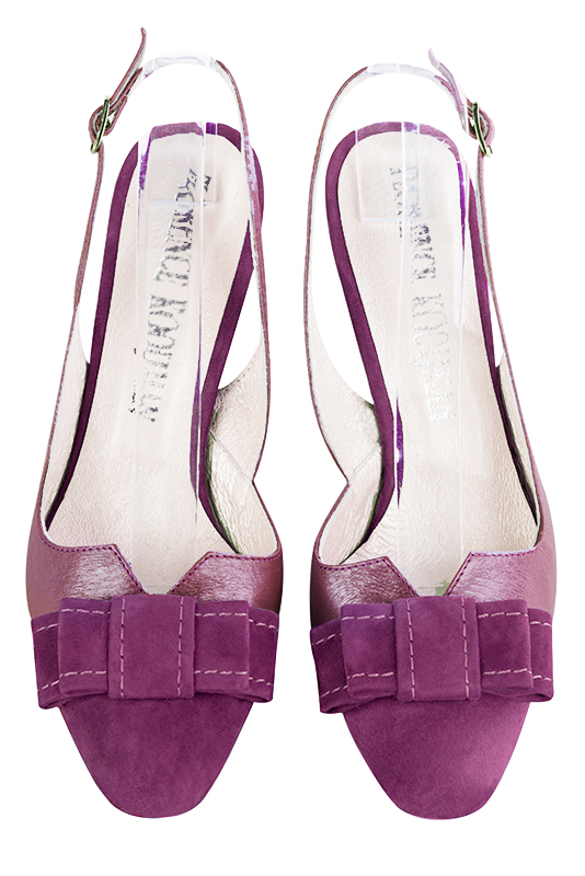 Mulberry purple women's open back shoes, with a knot. Round toe. High slim heel. Top view - Florence KOOIJMAN